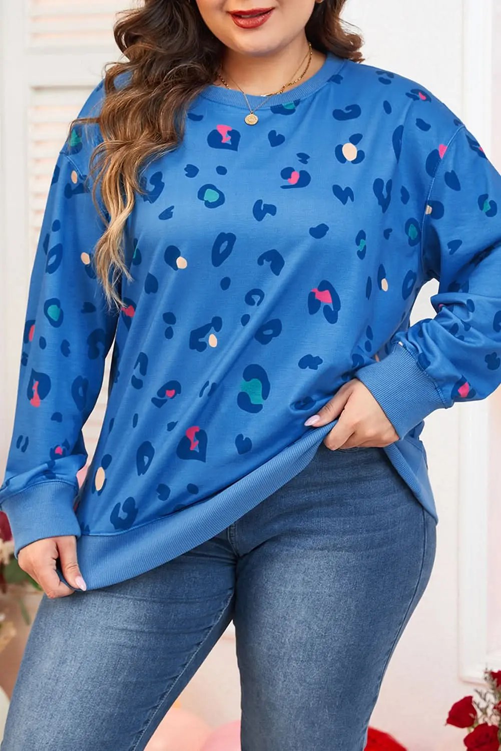 Sky blue leopard print pullover - Love Salve
